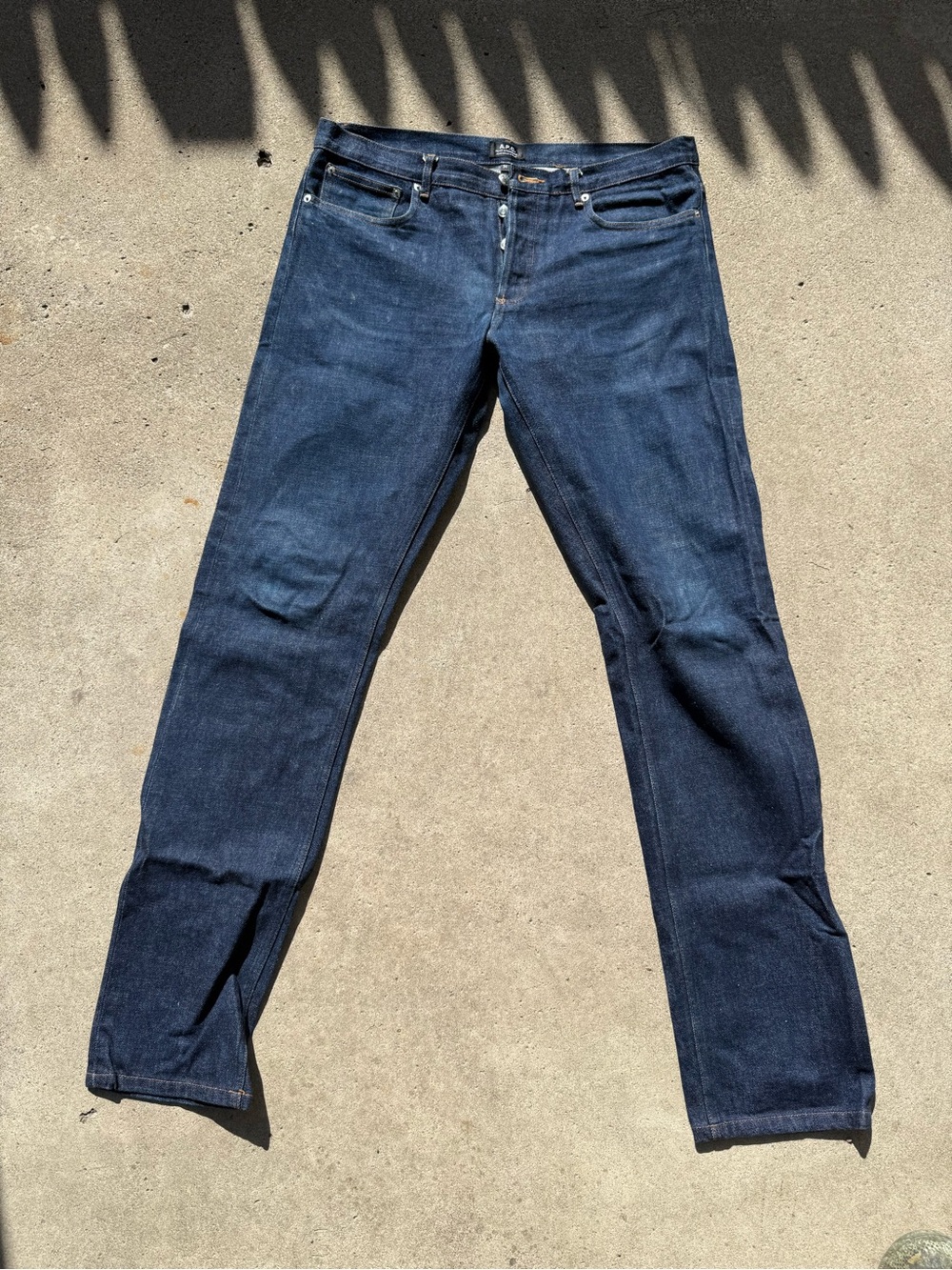 A.P.C. Men Button Fly Slim Jeans in Dark Indigo Blue
